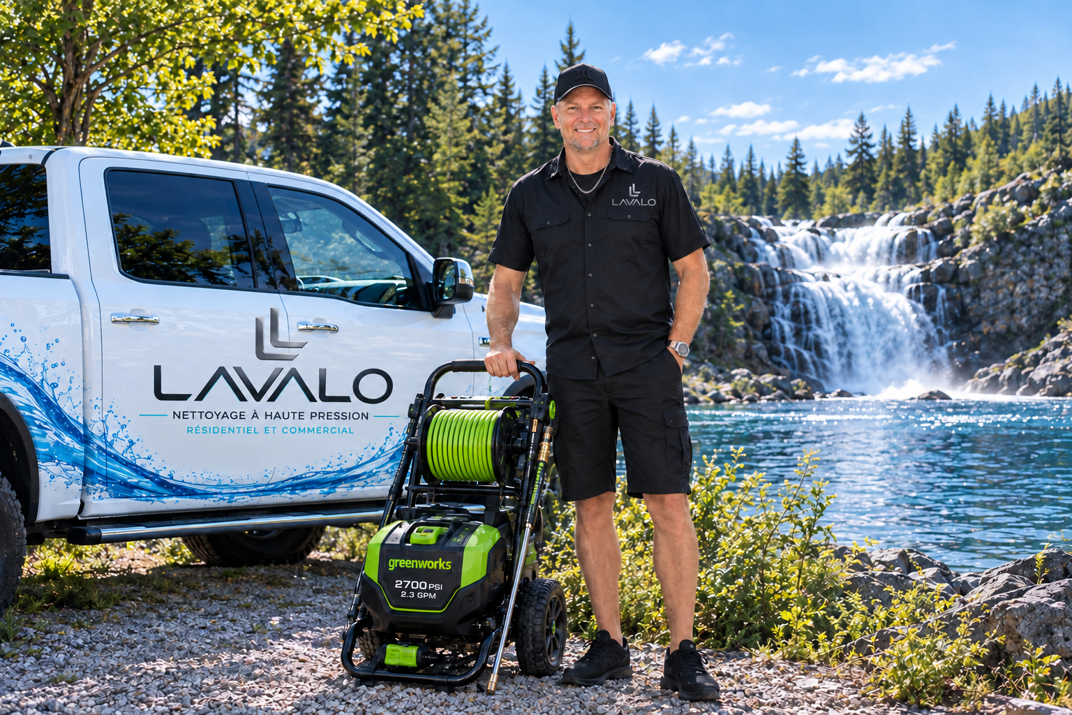 François Grimard avec les nouveaux logos Lavalo sur sa chemise et le véhicule